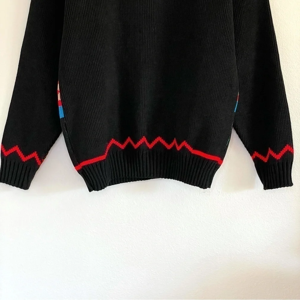 Vintage 90s Mock Neck Patterned Knit Pullover Sweater Black Multicolor Medium